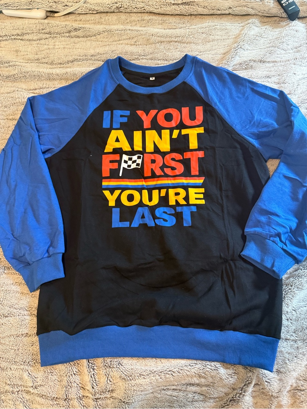 Graphic Racing Slogan Raglan Sweatshirt - Black & Royal Blue
